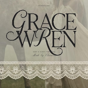 Puede incluir: La imagen muestra las palabras "GRACE WREN" en una fuente serif y script, con el texto "INTRODUCING" arriba y "SERIF & SCRIPT FONT DUO Made by Elinova" abajo. Un borde de encaje blanco enmarca el texto.