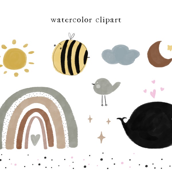 Cute Characters Clipart, Vector Bee Clip Art, Rainbow Clipart Png, Watercolor Illustrations