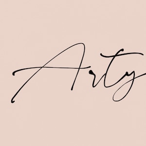 May include: A handwritten font called "Arty" in a black script font on a light pink background. The font is a calligraphy font by Elvinova.