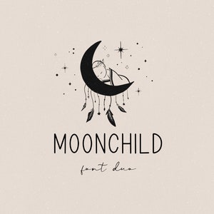 May include: Black and white illustration of a baby sleeping in a crescent moon with stars and feathers. The text "MOONCHILD font duo" is below the illustration.