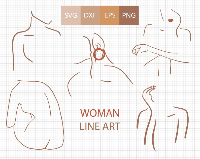 May include: A set of line art illustrations of a woman's body in various poses. The illustrations are in brown and feature simple lines. The text "WOMAN LINE ART" is included in the image.