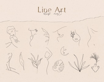 Botanical Woman Line Art Clipart, Female Illustrations (PNG, EPS, AI)