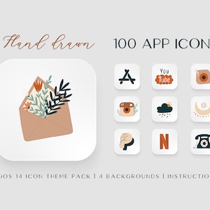 Könnte beinhalten: Ein Bild mit 100 App-Symbolen im handgezeichneten Stil. Das Design umfasst einen braunen Umschlag mit Blumen und verschiedene App-Symbole wie YouTube und Instagram. Der Text lautet "Hand drawn" und "100 APP ICONS".
