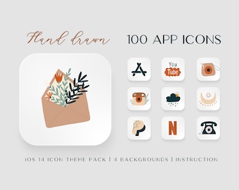 May include: An image featuring a collection of 100 app icons with a hand-drawn aesthetic. The design includes a brown envelope with flowers, and various app icons like YouTube and Instagram. Text reads "Hand drawn" and "100 APP ICONS".
