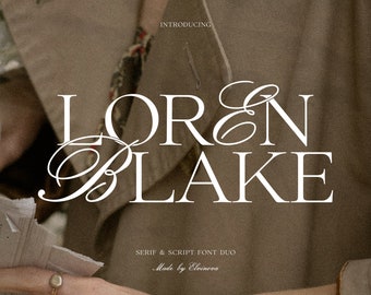 May include: Introducing Loren Blake, a serif and script font duo made by Eleinova. The font name is displayed in a white serif font with a script font for the "e" in Loren.
