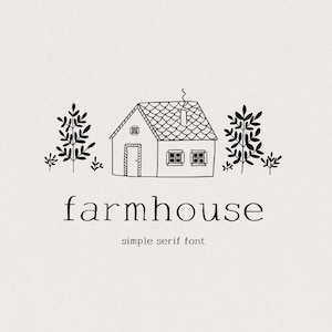 May include: Black and white line drawing of a farmhouse with two trees on either side. The text "farmhouse" is below the image in a simple serif font.