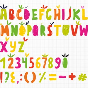 Fruit alphabet, vector fruits alphabet, fresh summer alphabet, hawian font