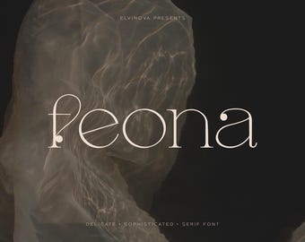 May include: A delicate, sophisticated serif font called "Feona" is displayed against a backdrop of flowing, translucent fabric. The font is presented in a minimalist style with a subtle, elegant design.