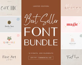 Boho Font Bundle, 12 Handwritten, Serif, Sans and Script Fonts, 200 Design Elements