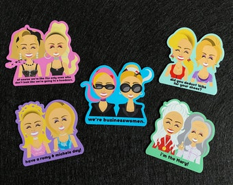 May include: Set of six colorful stickers featuring cartoon illustrations of women with text. The stickers feature quotes from the movie 'Romy and Michele's High School Reunion'.