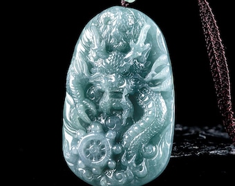 Colgante de jadeíta natural de grado A con forma de dragón azul y agua, con forma de dragón del zodíaco majestuoso, tipo hielo.