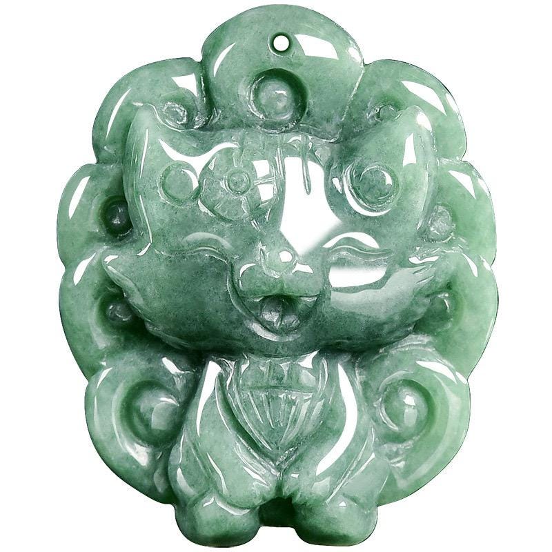 Natural Grade-a Jade Fox Spirit Nine-tailed Fox Pendant, Bean Type