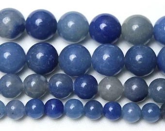 Contas lisas de aventurina azul natural de 4 mm a 12 mm, fornecimento de contas de aventurina azul por atacado. Fio de 15"