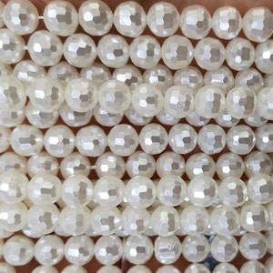 6mm-12mm Faceted South Sea Shell Pearls Smooth Round Beads, 15 inches 1 strand