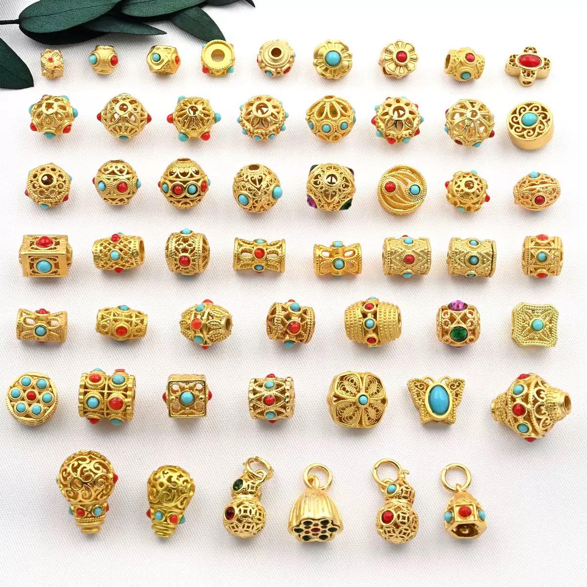 5 Pcs Antique Gold Inlaid Turquoise Bead Spacer Charms,copper-gold ...