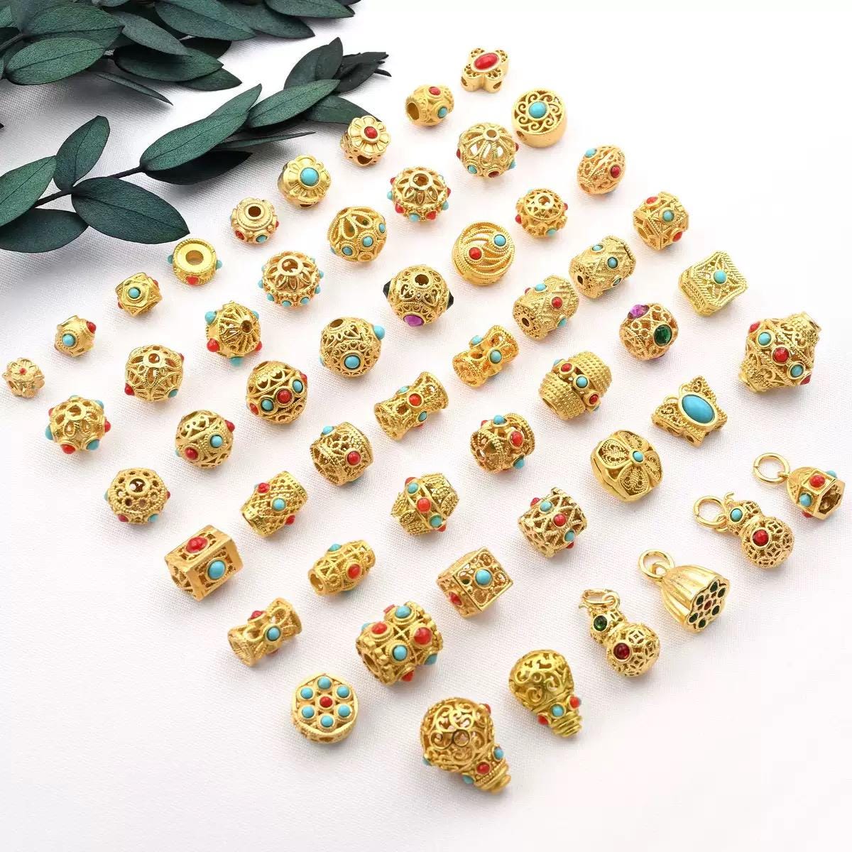 5 Pcs Antique Gold Inlaid Turquoise Bead Spacer Charms,copper-gold ...