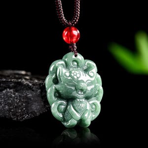 Natural Grade-a Jade Fox Spirit Nine-tailed Fox Pendant, Bean Type