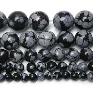 4mm-12mm Natural Black Snowflake Obsidian Smooth Round Beads, Snowflake Obsidian beads supply.15&quot; strand