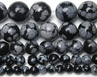 4mm-12mm Natural Black Snowflake Obsidian Smooth Round Beads, Snowflake Obsidian beads supply.15" strand