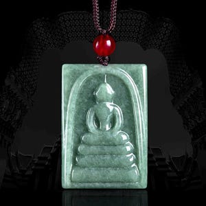 Natural A-Grade Jade Phra Somdej Buddha Amulet Pendant, Bean Green Jade, Formless Buddha
