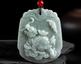 Natural A-Grade Jade Ingot Dragon Turtle Pendant, Icy Type