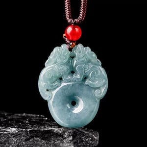 Natural A-grade Jadeite Light Blue Double Pixiu Peace Buckle Pendant,Pi xiu Pendent