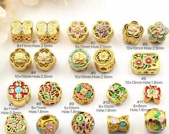 5 pcs Ancient-Method Gold Enamel Plum Blossom Lotus Barrel Bead Spacer Charms, For Jewelry DIY bracelet and necklace accessories