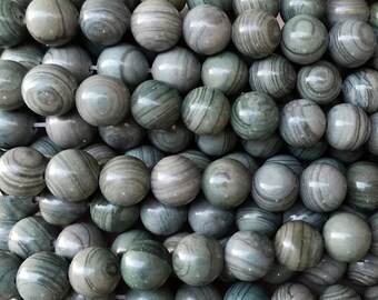 May include: A strand of round, green and gray gemstone beads. The beads have a swirling, striped pattern.