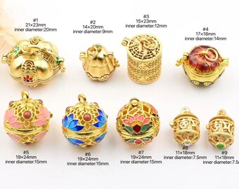 5 pcs Antique Gold Enamel Pumpkin-shaped Box, Hollowed-out Sachet Pendant Charms, For Jewelry DIY bracelet and necklace accessories
