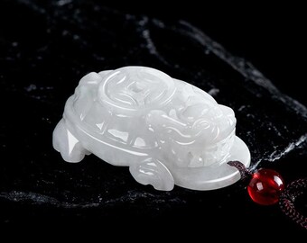 Natural A-grade jade three-dimensional Wealth Dragon Turtle pendant, glutinous rice-type jade