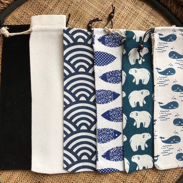 Fish, Polar Bear, Whale - Reusable Straw Bag / Pencil Case / Linen Bag - 10%  Donated to Save the Whales
