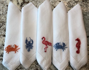 Linen Lobster Napkins, Seahorse, Flamingo, Crab Napkins, Hemstitch Napkins, 20" Linen Dinner Napkins, Hand Embroidered