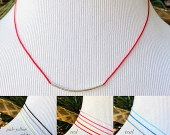 Silver Curved Bar Necklace, 925 Sterling Silver, Adjustable Nylon Necklace - 20% Donated to Charity