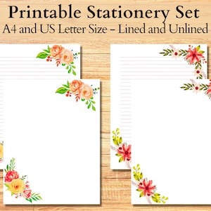 Floral Printable Stationery Set, Lined Printable Paper, Blank Paper, Flower Borders Stationary Set, Letter Paper, Digital Writing Paper