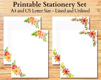 Floral Printable Stationery Set, Lined Printable Paper, Blank Paper, Flower Borders Stationary Set, Letter Paper, Digital Writing Paper