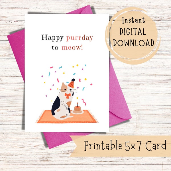 Funny Cat Birthday Card, Happy Purr-day Card, Printable Birthday Cat Cards, 5x7 Card, Funny Card for Friend, Birthday Card Digital Download