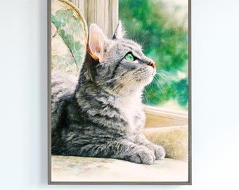 Grey Tabby Cat Pastel Wall Art Print: Instant Digital Download