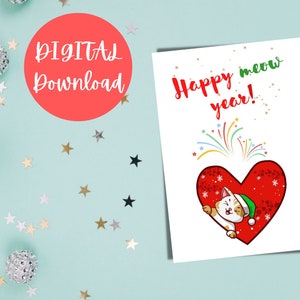 Happy Meow Year Card, Printable Happy New Year Card, Cute Cat In Heart Card, Fireworks Card, Digital, Instant Download, New Year's Eve Card