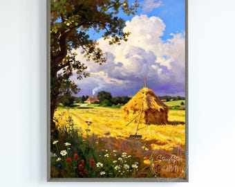 Sunny Haymaking Meadow Wall Art Print: Instant Digital Download
