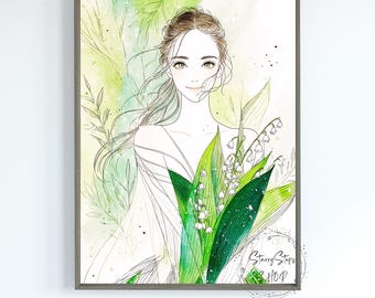 Lily-of-the-valley Woman Portrait Wall Art Print: Instant Digital Download