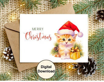 Christmas Cat DIGITAL CARD Download, Printable Merry Christmas Card With Cute Cat, Merry Christmas Card Printable, 5"x7" Card Download