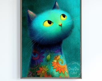 Whimsical Turquoise Kitten Wall Art Print: Instant Digital Download