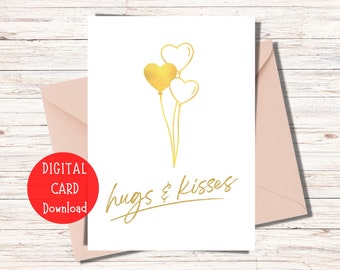 Printable Valentines Day Card | Valentines Day Heart Balloons Card Digital Download PDF | Hugs And Kisses Love Card For Valentines Day Print