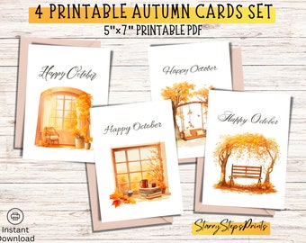 Happy Fall Greeting Card Set, Happy October Card Set, Happy Autumn Cards, Cozy Corner Vintage Card Set Printable, Fall Card Digital Download