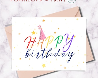 Printable Happy Birthday Card: Stars and Party Hat (PDF)