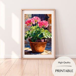 Può includere: Un dipinto di una pianta di geranio rosa in vaso con foglie verdi. La pianta è in un vaso di terracotta e si trova su un patio in pietra. Lo sfondo è un muro di pietra con una porta in legno.