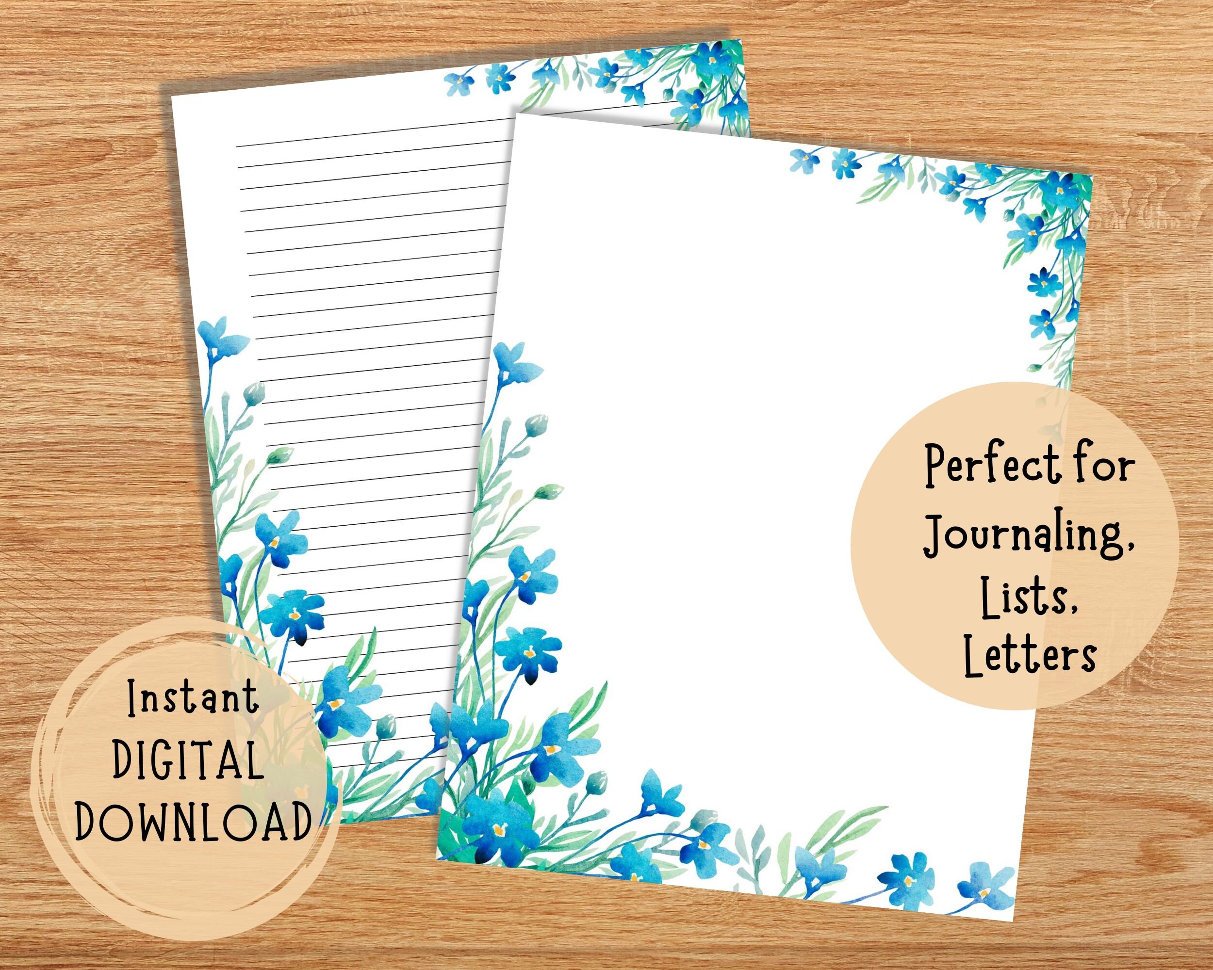 Floral Lined Paper, Floral Blank Paper, Printable Blue Flowers ...