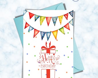 Printable Happy Birthday Card: Gift & Bunting Design (PDF)