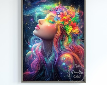 Fantasy Flower Woman Portrait Wall Art Print: Instant Digital Download