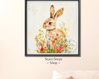 Bunny In A Flower Meadow: Instant Download JPG and PNG Files